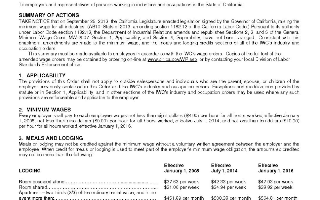 CA Minimum Wage Order poster Streamline Bookkeeping